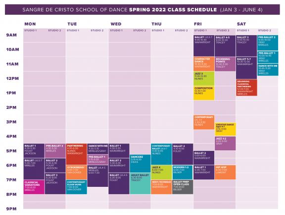 Spring School of Dance class schedule.