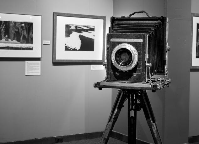 Image of Ansel Adams camera on display at the Arts Center.
